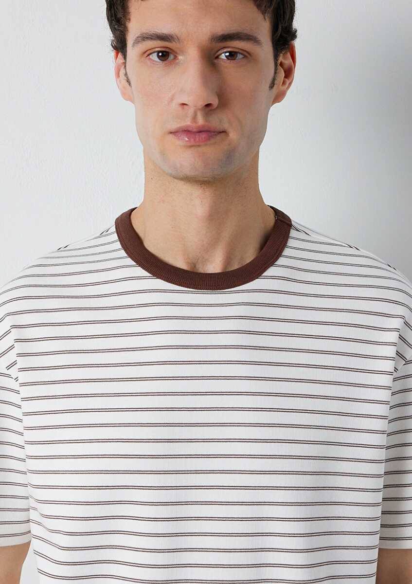 Mavi Çizgili Ekru Loose Fit Erkek Tişört 0613544-90892 - 6