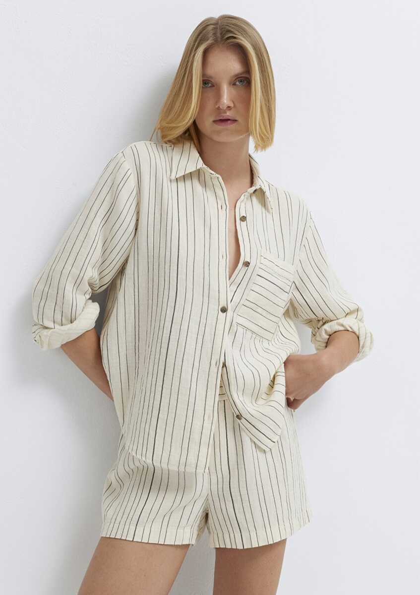 Mavi Çizgili Ekru Loose Fit Kadın  Gömlek 1211468-84004