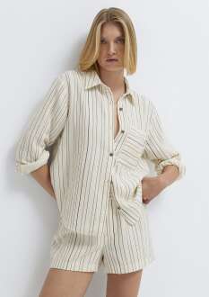 Mavi Çizgili Ekru Loose Fit Kadın  Gömlek 1211468-84004 