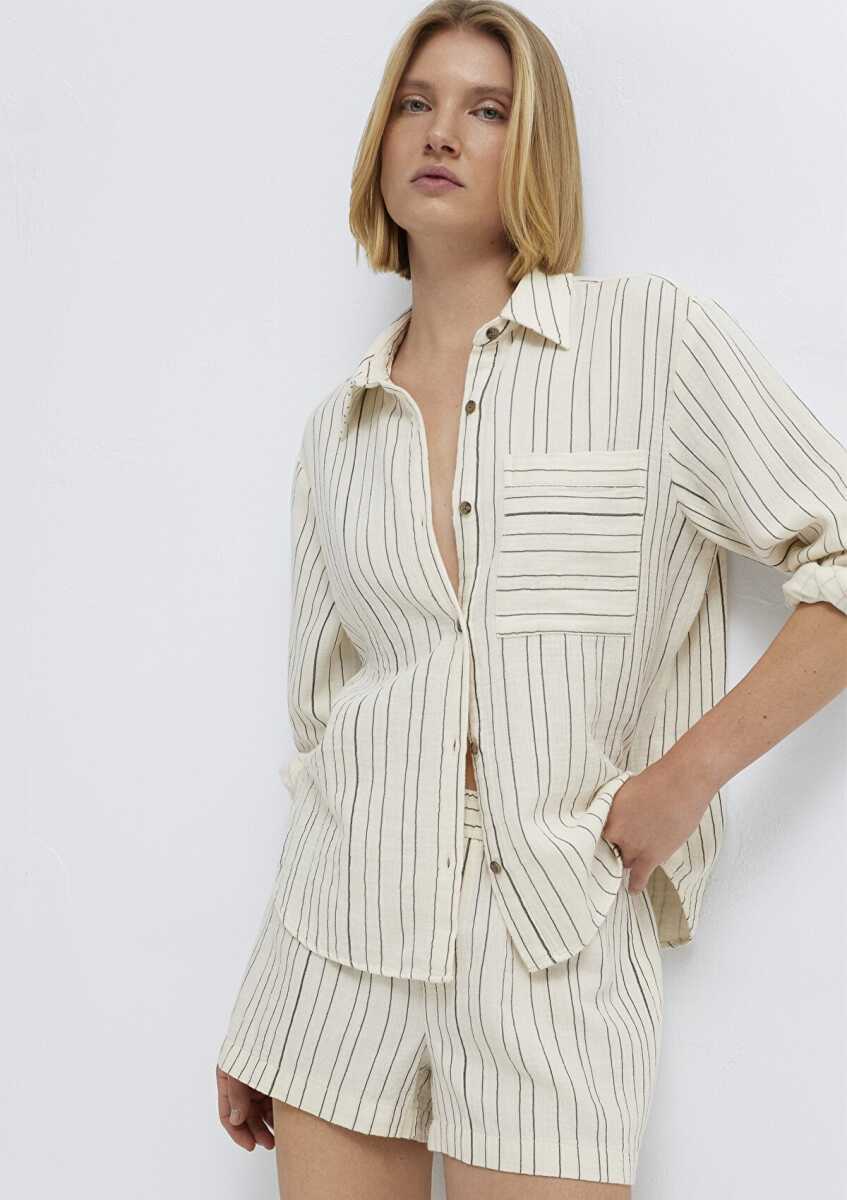 Mavi Çizgili Ekru Loose Fit Kadın  Gömlek 1211468-84004 (1)