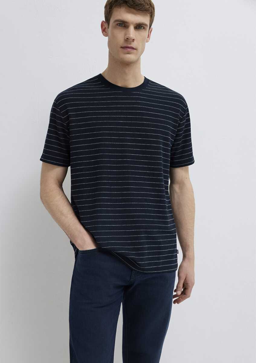 Mavi Çizgili Lacivert Loose Fit Erkek Tişört 0613334-70497