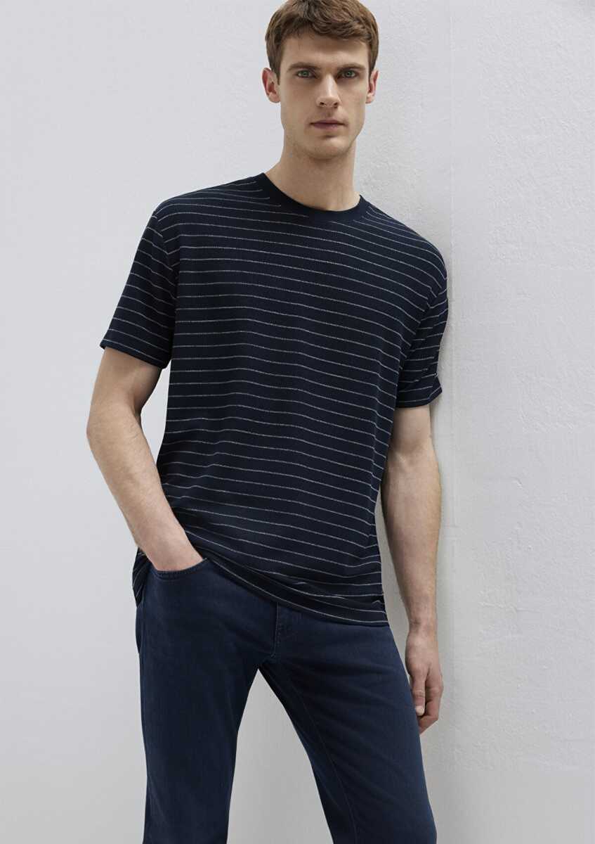 Mavi Çizgili Lacivert Loose Fit Erkek Tişört 0613334-70497 (1)
