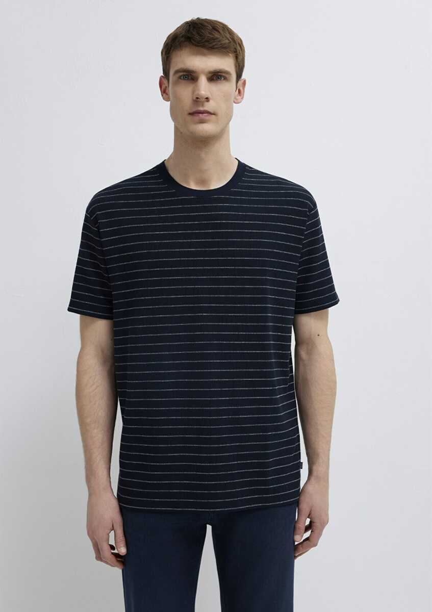Mavi Çizgili Lacivert Loose Fit Erkek Tişört 0613334-70497 - 3