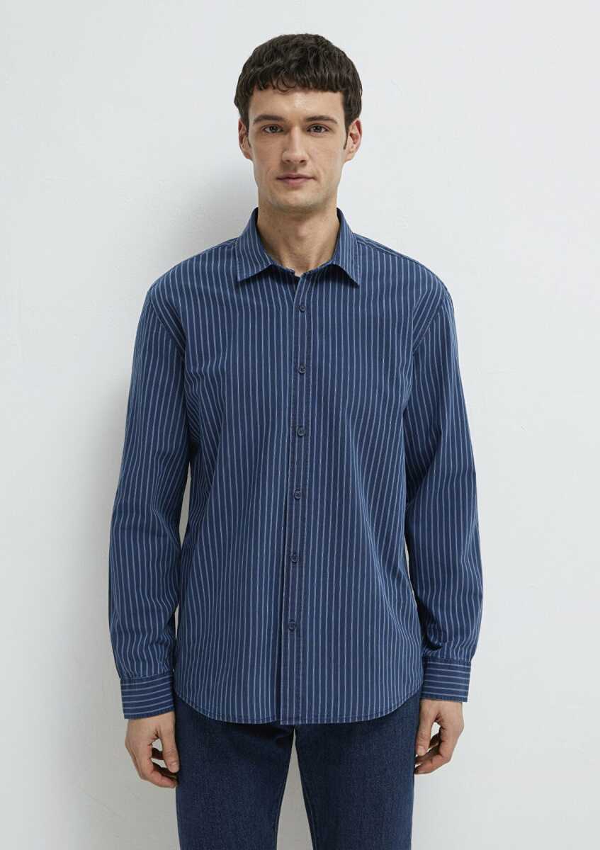 Mavi Çizgili Lacivert Regular Fit Erkek Gömlek 0211851-91406 - 4