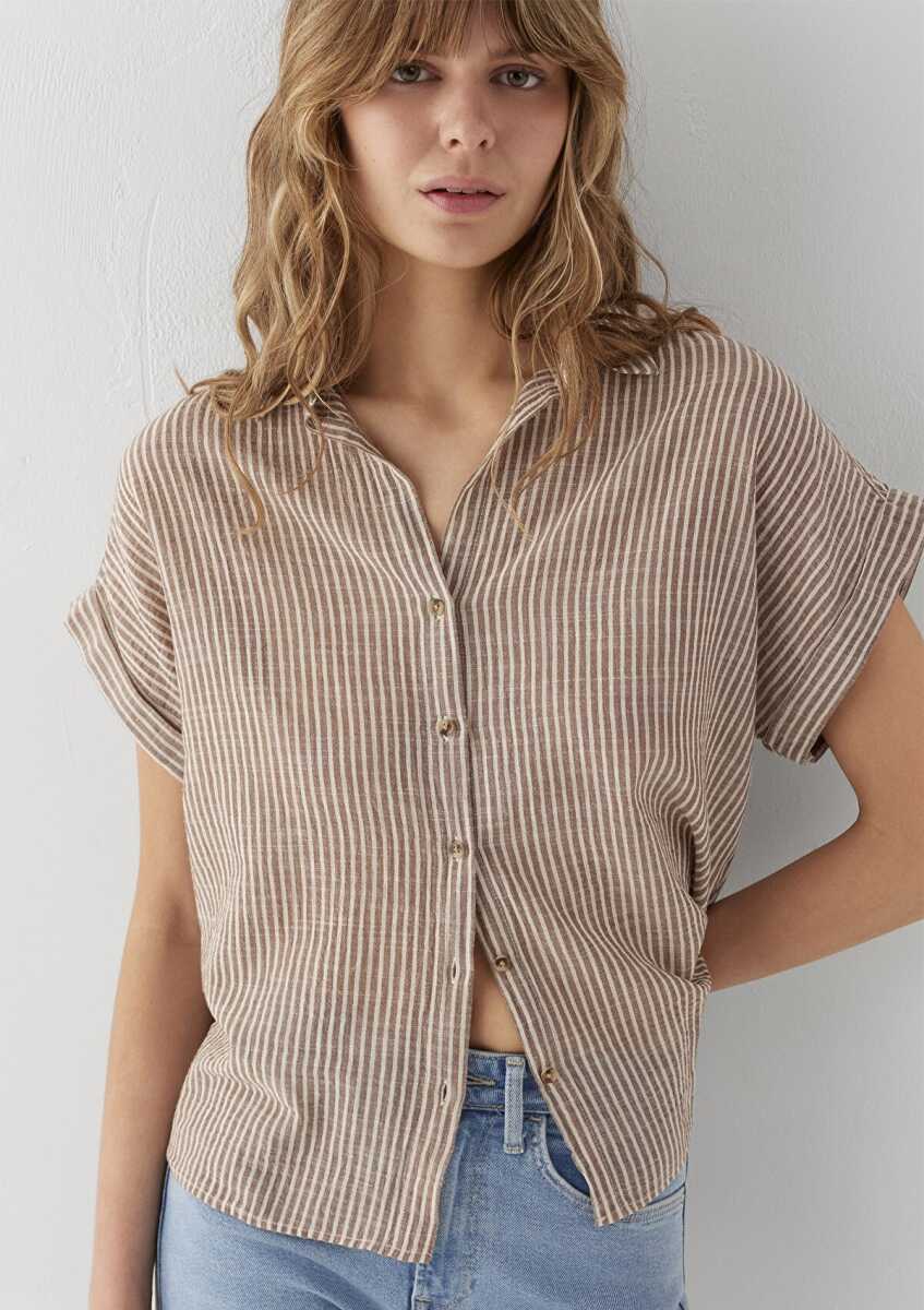 Mavi Çizgili Loose Fit Kadın Gömlek 1210445-85431 - 1