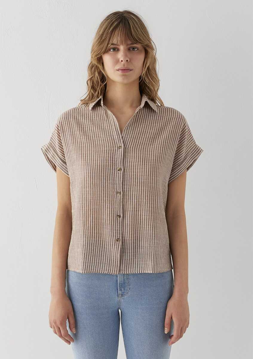 Mavi Çizgili Loose Fit Kadın Gömlek 1210445-85431 - 4