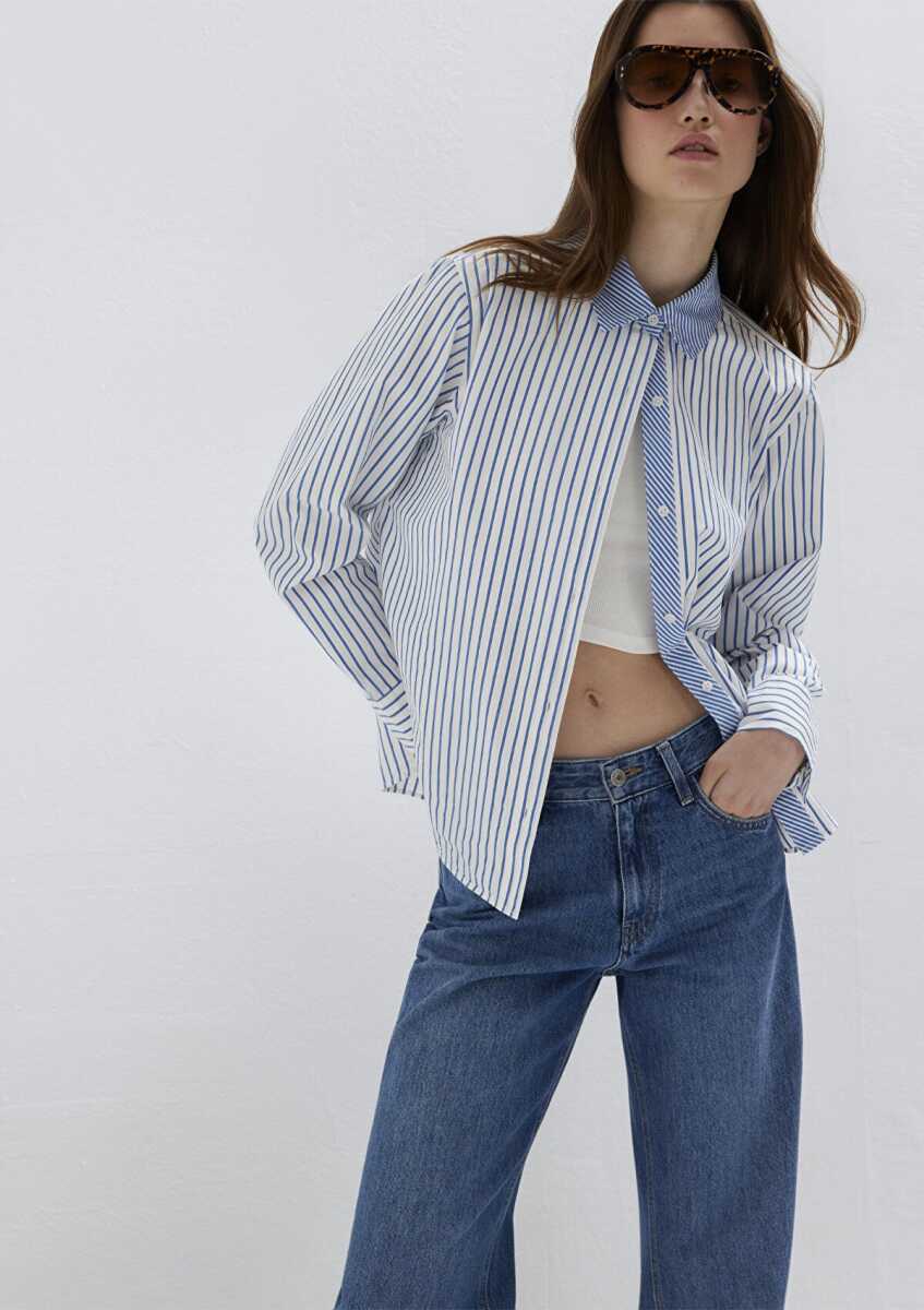 Mavi Çizgili Loose Fit Kadın Gömlek 1211454-84005