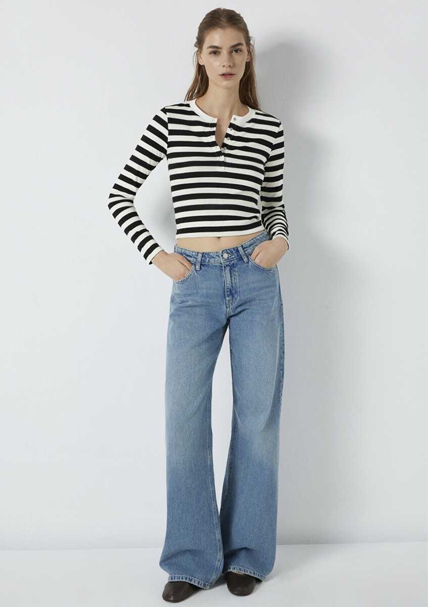 Mavi Çizgili Siyah Kadın Sweat 1613767-85407 - Mavi (1)