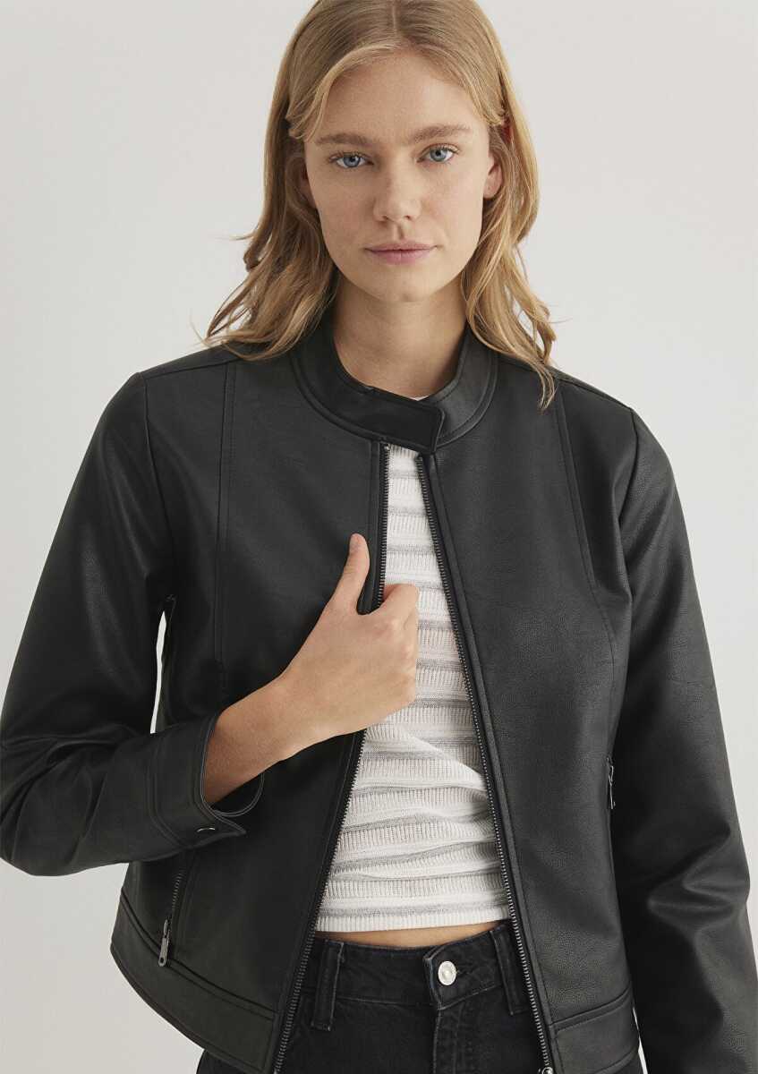 Mavi Dik Yaka Pu Siyah Kadın Ceket 1110598-900 - Mavi