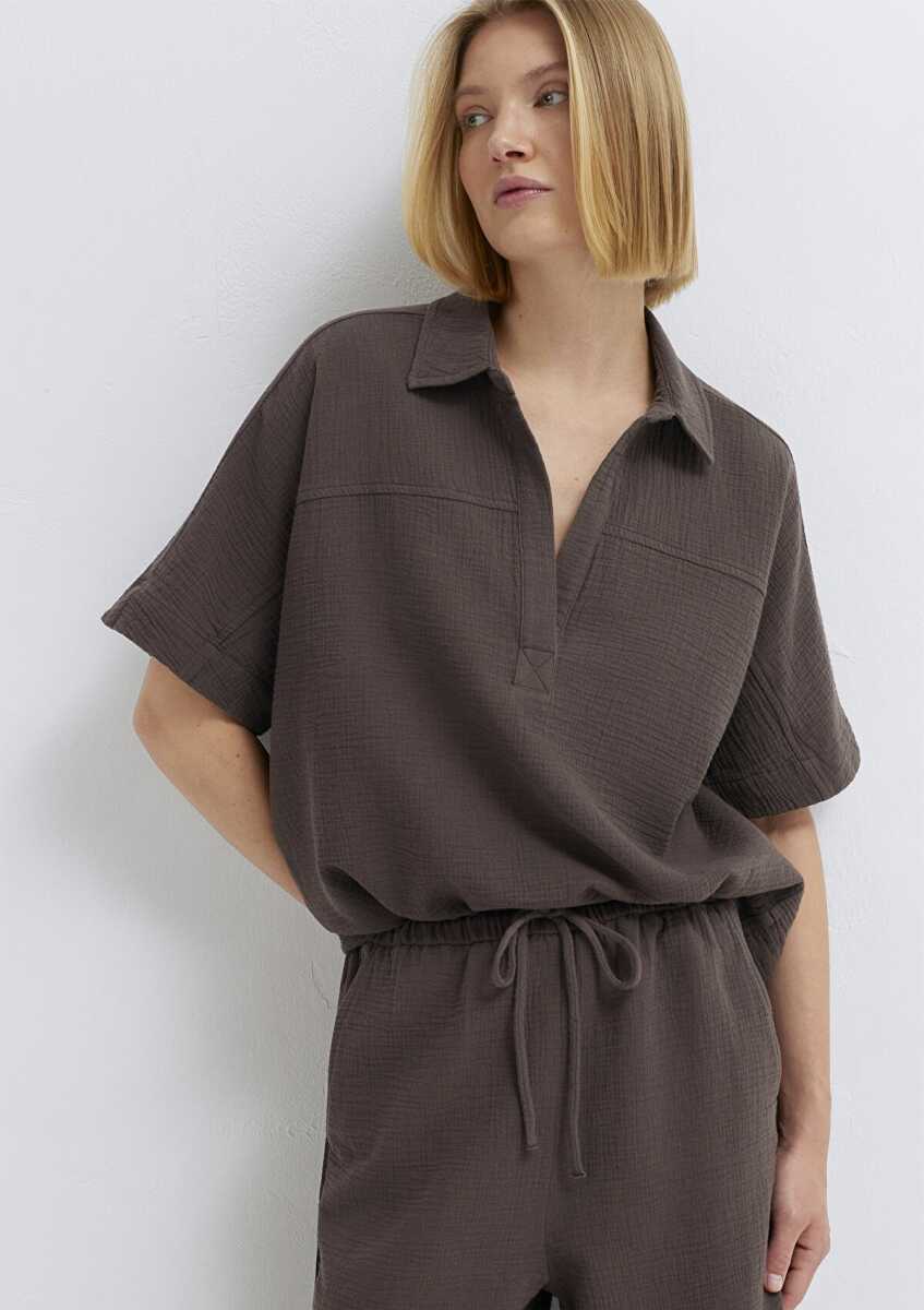 Mavi Dokulu Kahverengi Oversize Kadın Bluz 1211467-71603