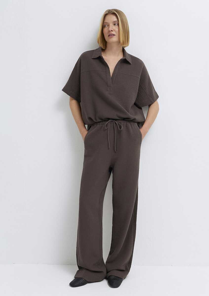 Mavi Dokulu Kahverengi Oversize Kadın Bluz 1211467-71603 (1)