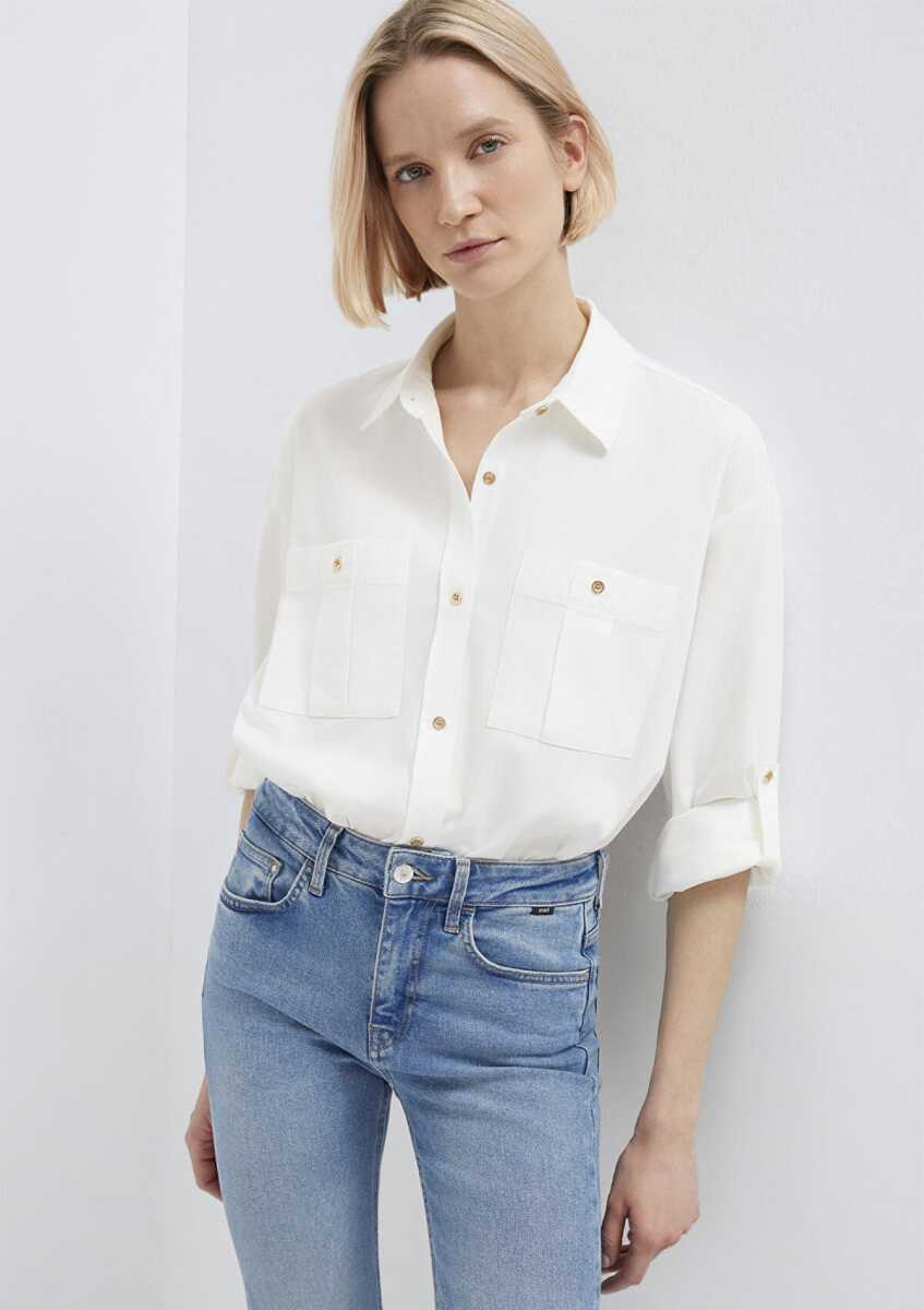 Mavi Düğme Detaylı Ekru Loose Fit Kadın Gömlek 1211383-70057