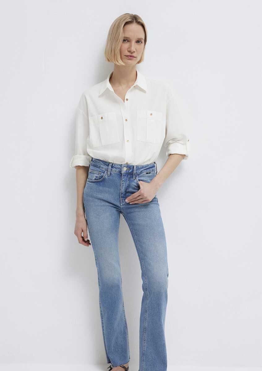 Mavi Düğme Detaylı Ekru Loose Fit Kadın Gömlek 1211383-70057 - 2