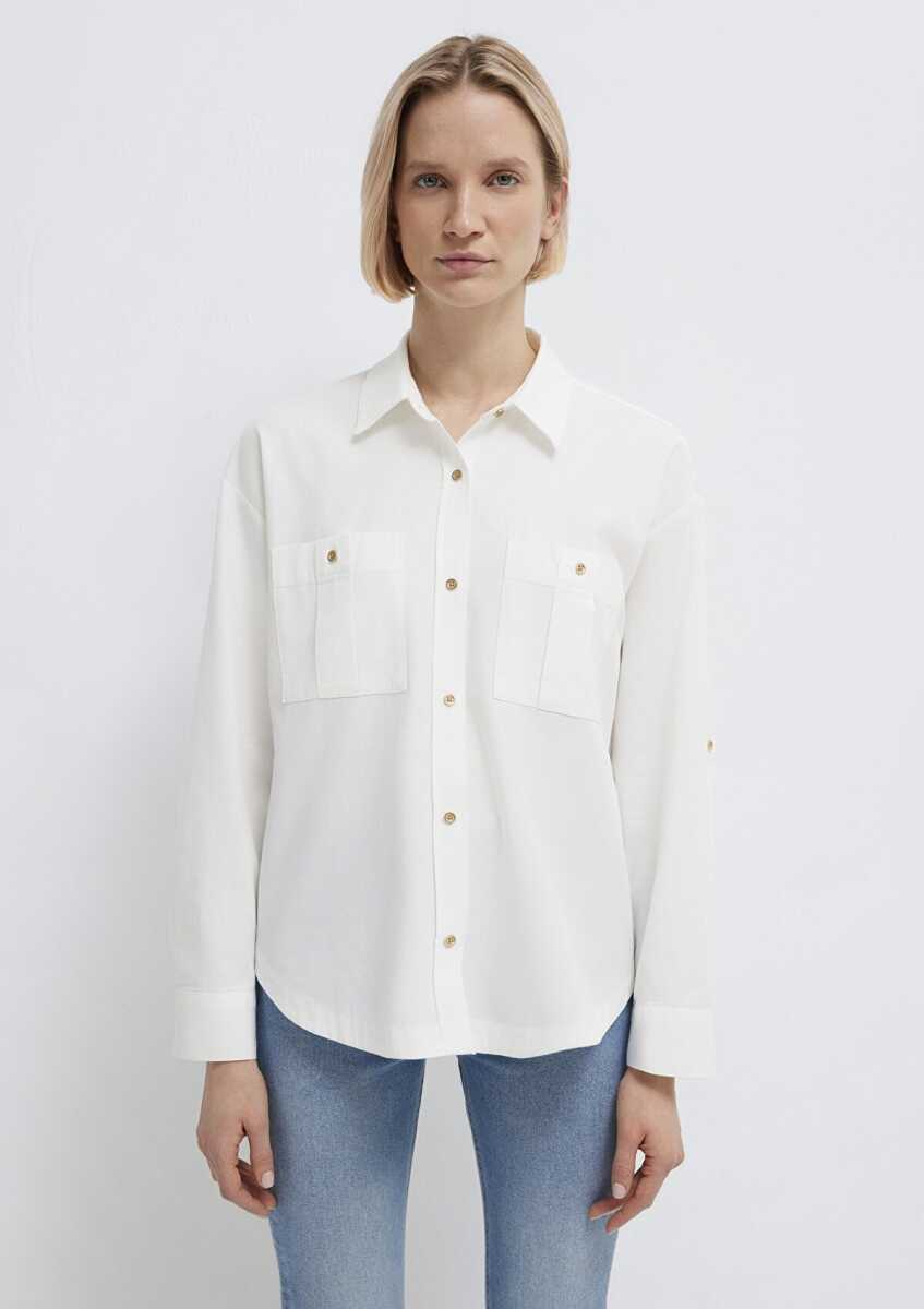 Mavi Düğme Detaylı Ekru Loose Fit Kadın Gömlek 1211383-70057 - 3