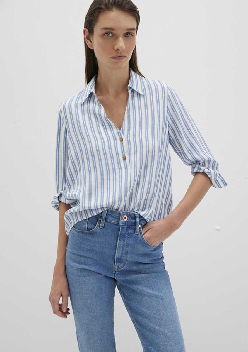 Mavi Düğme Detaylı İndigo Çizgili Kadın Gömlek 122400-83979 - 1