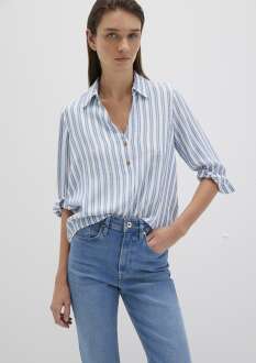 Mavi Düğme Detaylı İndigo Çizgili Kadın Gömlek 122400-83979