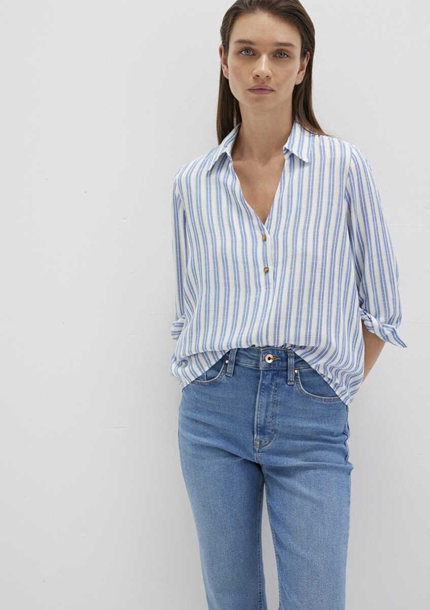 Mavi Düğme Detaylı İndigo Çizgili Kadın Gömlek 122400-83979 - 2