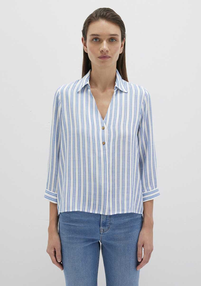 Mavi Düğme Detaylı İndigo Çizgili Kadın Gömlek 122400-83979 - 3