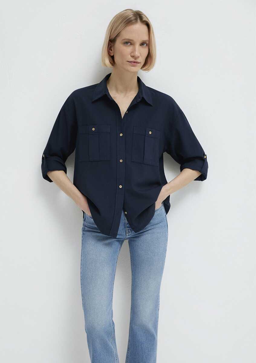 Mavi Düğme Detaylı Lacivert Loose Fit Kadın Gömlek 1211383-70492