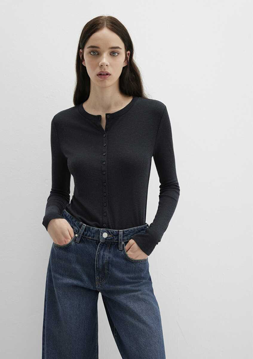 Mavi Düğme Detaylı Siyah Kadın Sweat 1613652-80022 - Mavi (1)