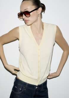 Mavi Düğmeli Sarı Triko Kadın Yelek 1710867-70013 