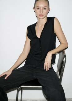 Mavi Düğmeli Siyah Triko Kadın Yelek 1710867-900 