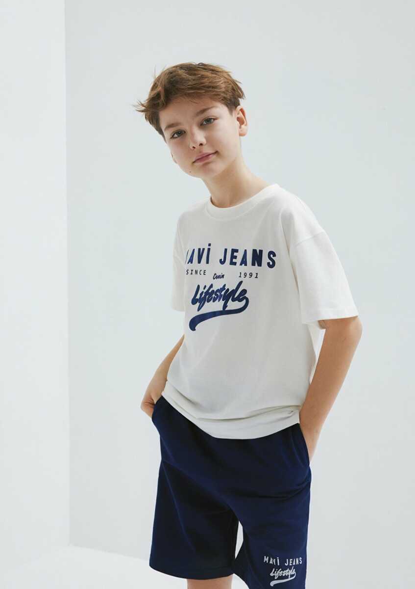 Mavi eans Baskılı Ekru Loose Fit Çocuk Tişört 6610474-70057
