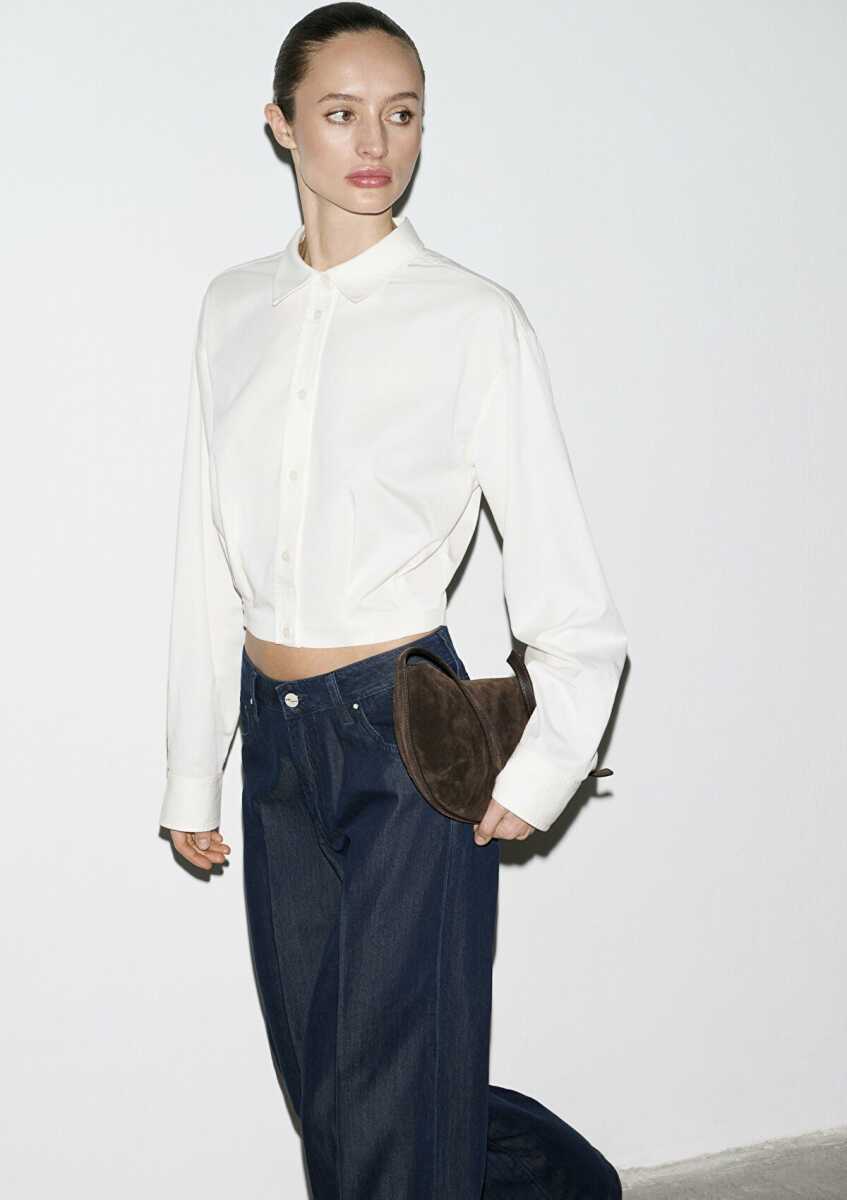 Mavi Ekru Crop Loose Fit Kadın Gömlek 1211430-70057