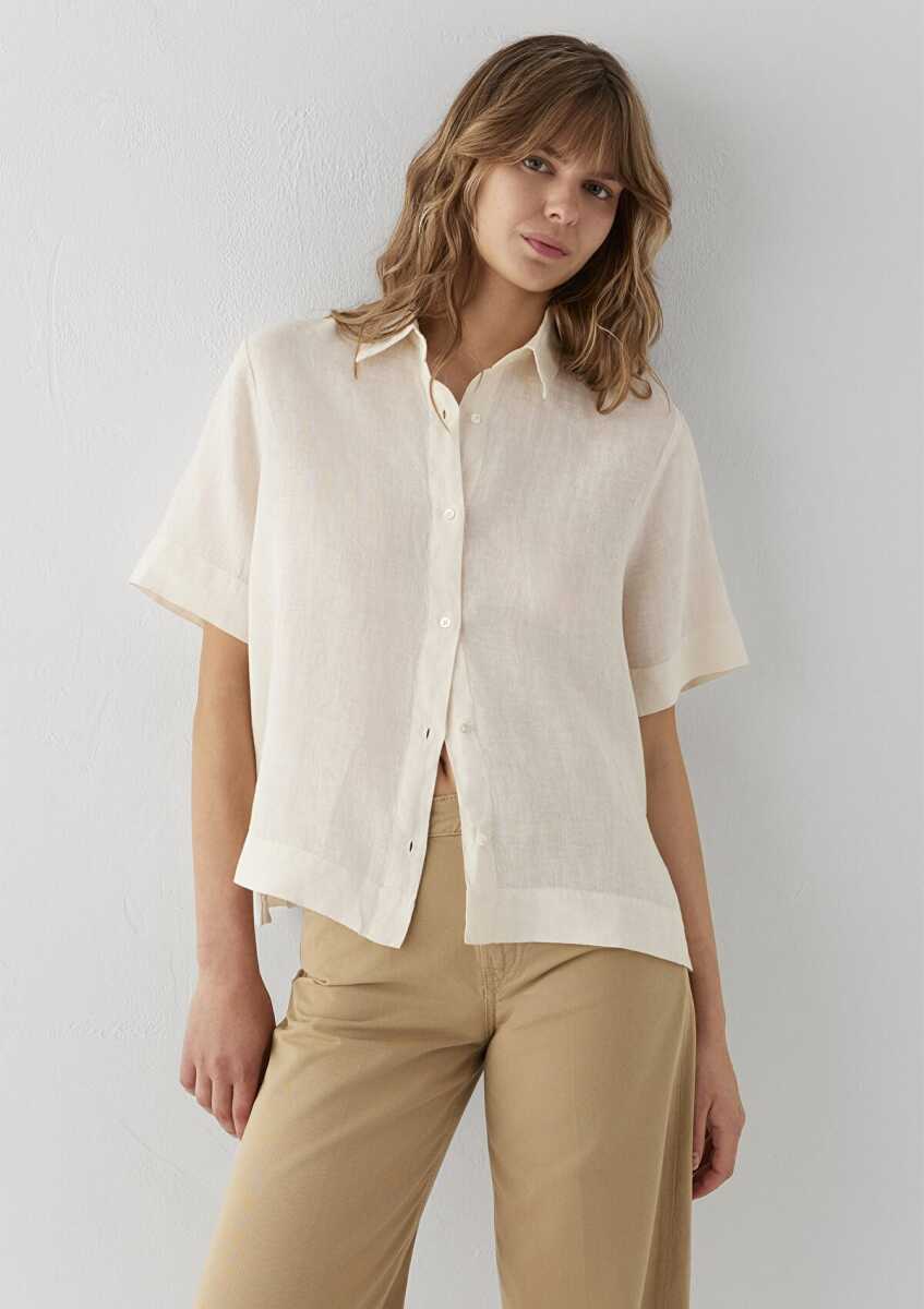 Mavi Ekru Oversize Kadın Keten Gömlek 1211532-70048 - 2