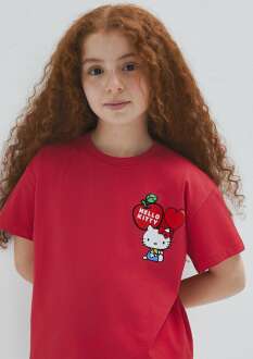 Mavi Hello Kitty Baskılı Kırmızı Loose Fit Çocuk Tişört 7610429-70478 