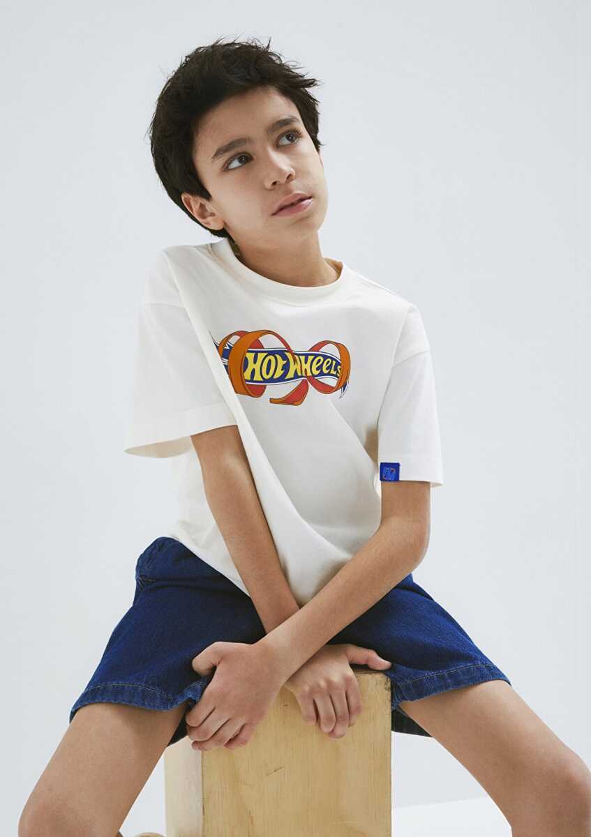 Mavi Hot Wheels Baskılı Ekru Loose Fit Çocuk Tişört 6610428-70057
