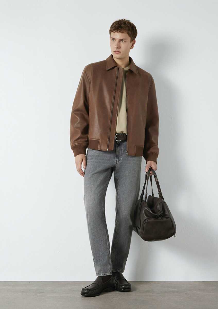 Mavi Kahverengi Biker Suni Deri Loose Fit Erkek Ceket 0110775-70242 - Mavi