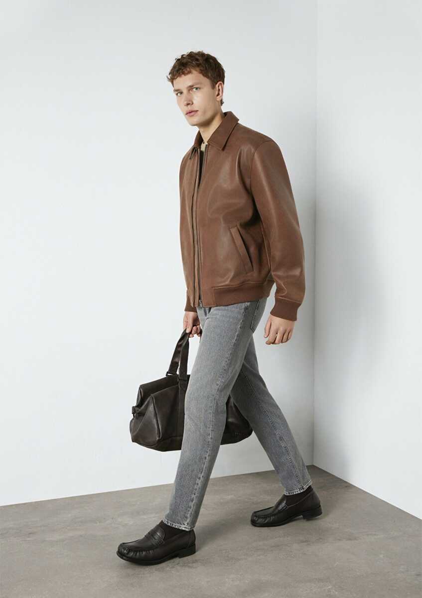 Mavi Kahverengi Biker Suni Deri Loose Fit Erkek Ceket 0110775-70242 - Mavi (1)