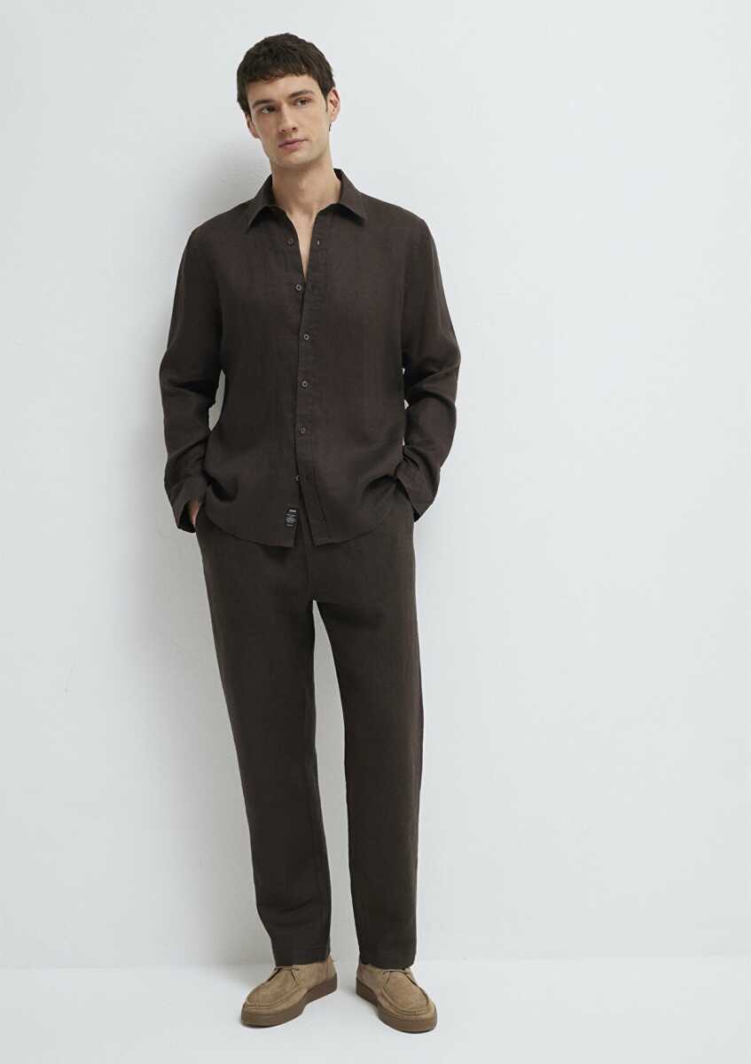 Mavi Kahverengi Keten Karışımlı Erkek Gömlek 0211466-70219 (1)