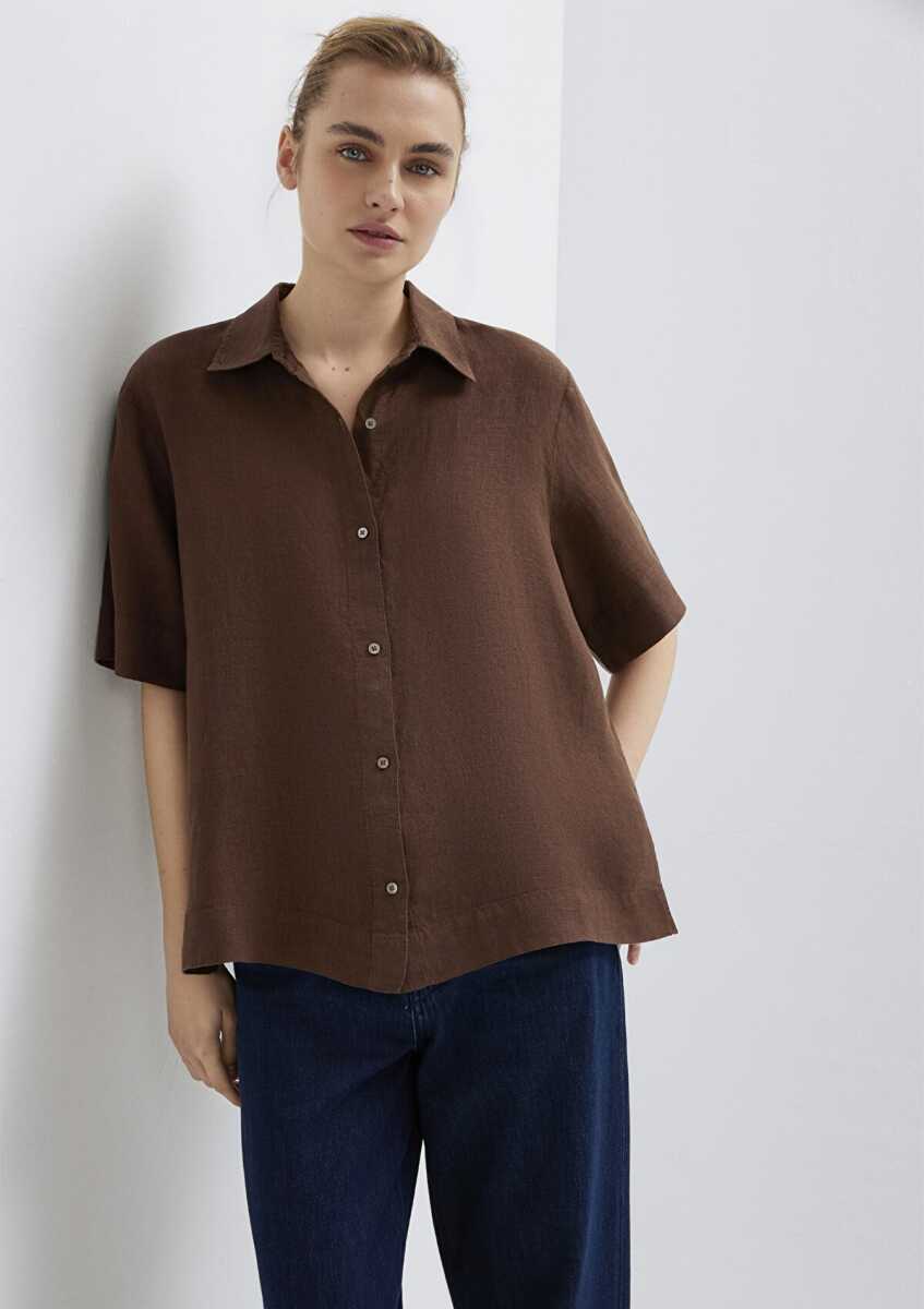 Mavi Kahverengi Keten Oversize Kadın Gömlek 1211532-70238 - 2
