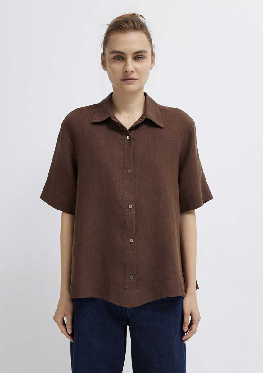 Mavi Kahverengi Keten Oversize Kadın Gömlek 1211532-70238 - 3