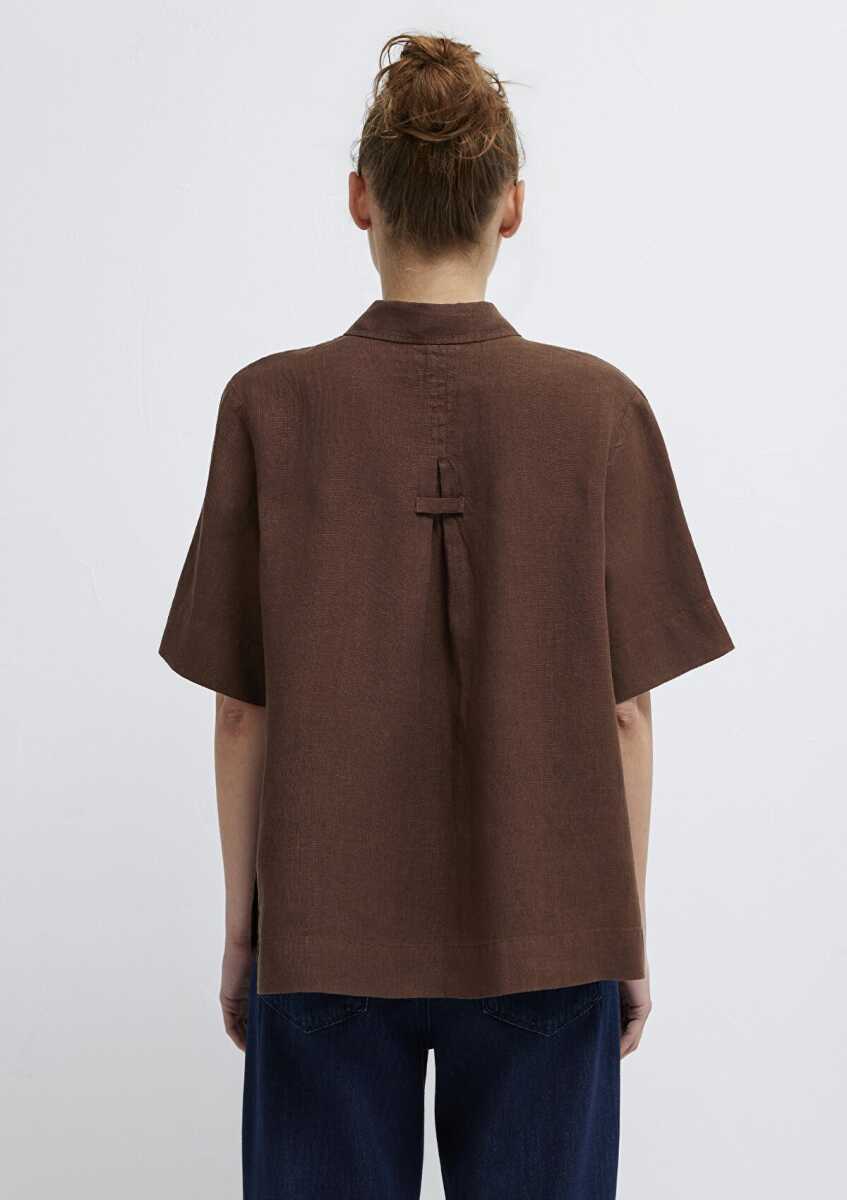 Mavi Kahverengi Keten Oversize Kadın Gömlek 1211532-70238 - 5