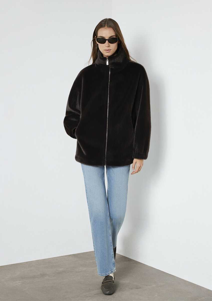 Mavi Kahverengi Peluş Oversize Kadın Ceket 1110597-89103 - Mavi (1)