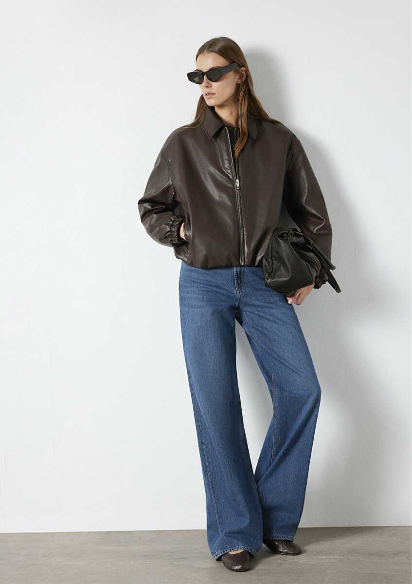 Mavi Kahverengi Suni Deri Oversize Kadın Ceket 1110614-88083 - Mavi (1)