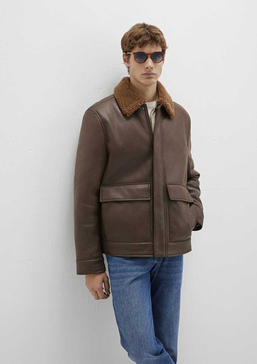 Mavi Kahverengi Suni Kürk Detaylı Suni Deri Erkek Ceket 0110669-70240 - Mavi (1)