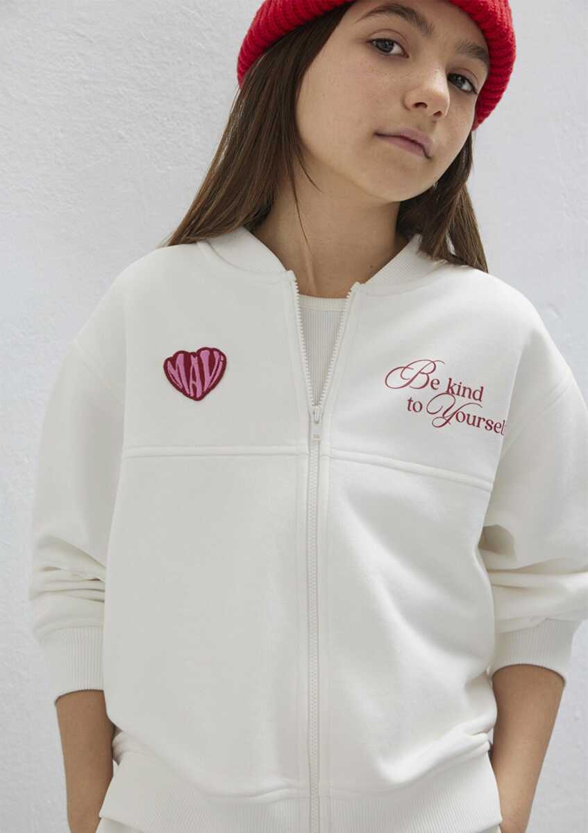 Mavi Kalp Baskılı Ekru Loose Fit  Bomber Çocuk Sweat 7S10174-70057