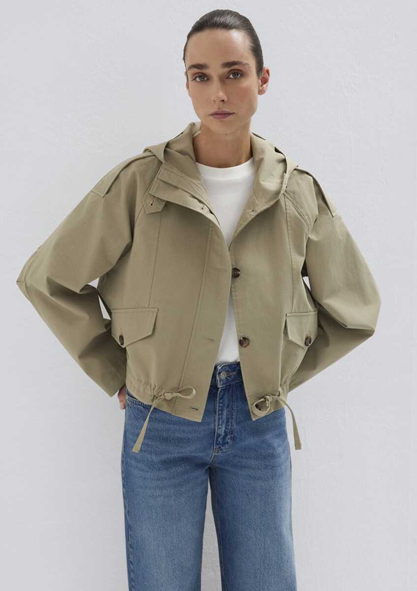 Mavi Kapüşonlu Bel Detaylı Bej Kısa Oversize Kadın Ceket 1110756-70354