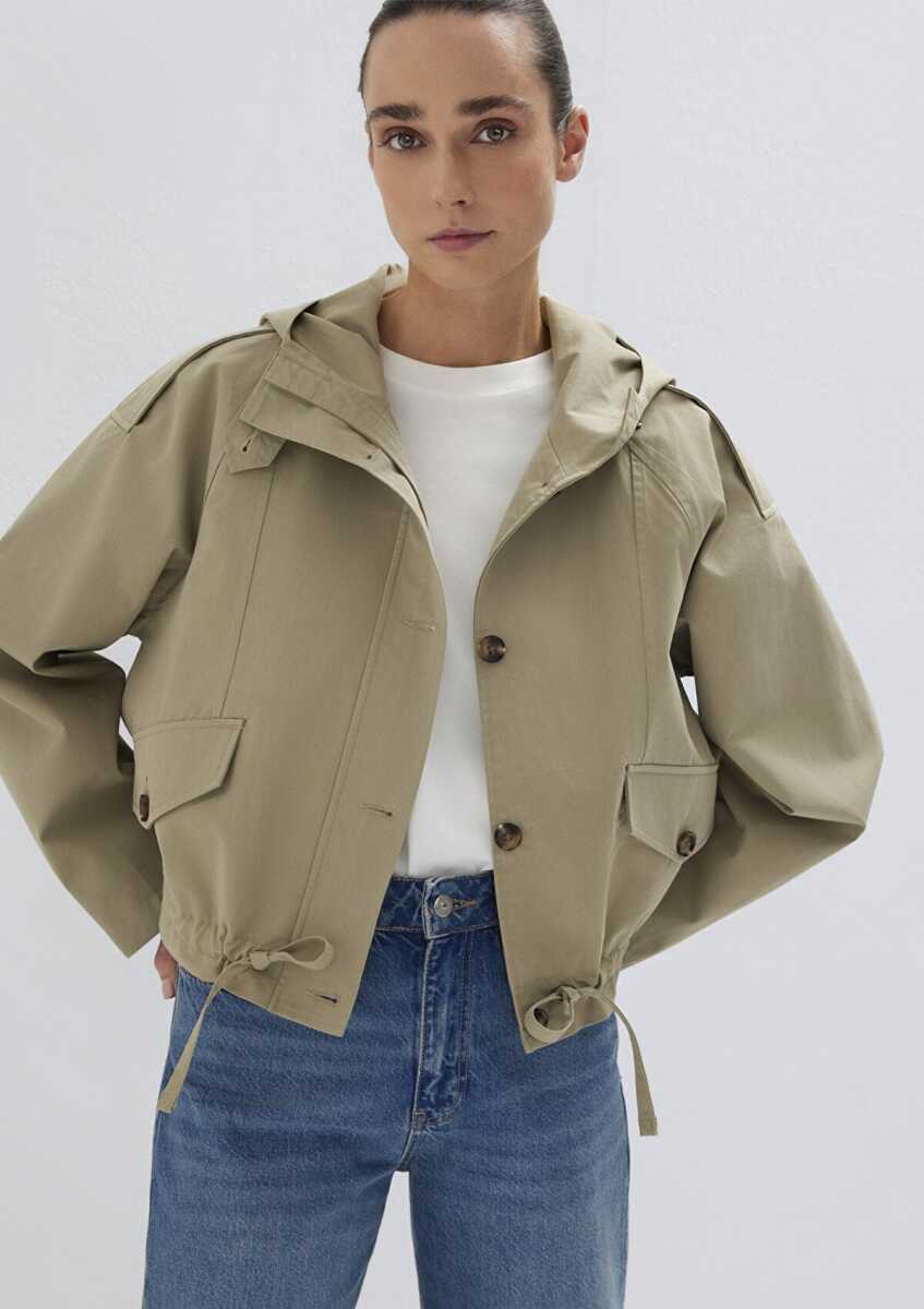 Mavi Kapüşonlu Bel Detaylı Bej Kısa Oversize Kadın Ceket 1110756-70354 (1)