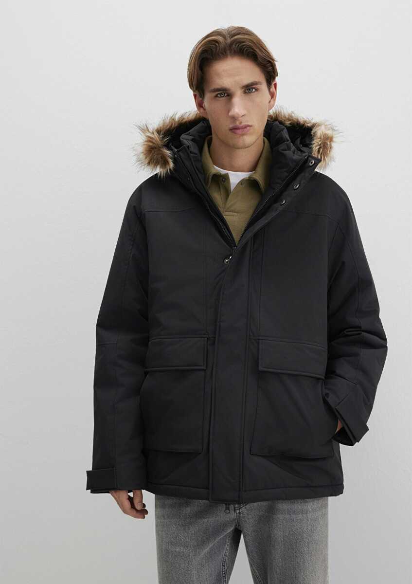 Mavi Kapüşonlu Siyah Erkek Parka 0110472-900