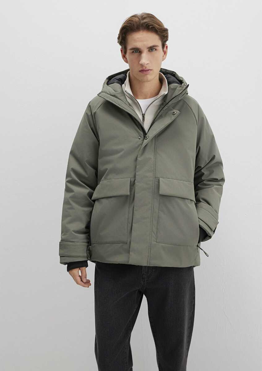 Mavi Kapüşonlu Soluk Koyu Yeşil Erkek Ceket 0110467-85485 - Mavi (1)