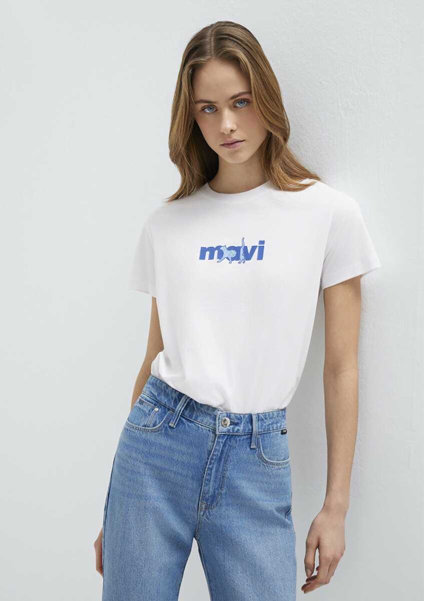 Mavi Kedi Baskılı Beyaz Kadın Tişört 1613287-620 - 3