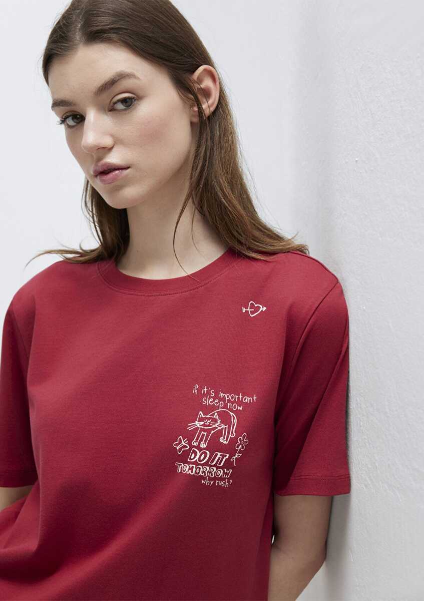 Mavi Kedi Baskılı Kırmızı Regular Fit Kadın Tişört 1613875-70391