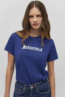 Mavi Kedi Baskılı Koyu Saks Mavi Kadın Tişört 1612111-70722 