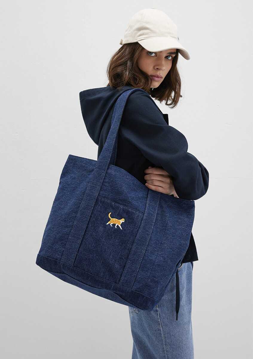 Mavi Kedi Nakışlı Denim Kadın Omuz Çantası 1913283-10241 - 1