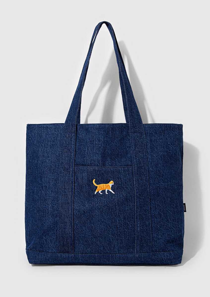 Mavi Kedi Nakışlı Denim Kadın Omuz Çantası 1913283-10241 - 2